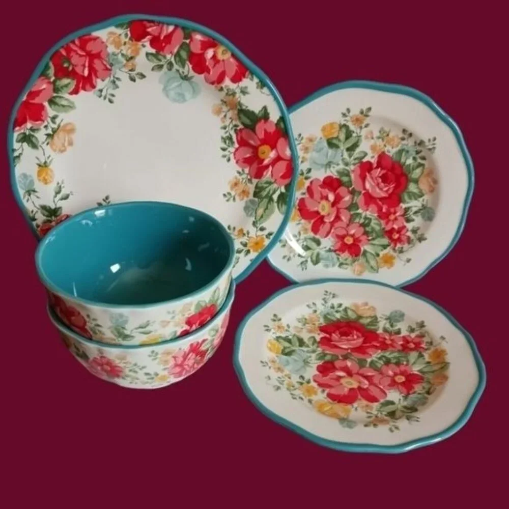 The pioneer woman vtg floral 5 pcs dinner plate set wht/pink/ turquoise colors - Picture 2 of 9